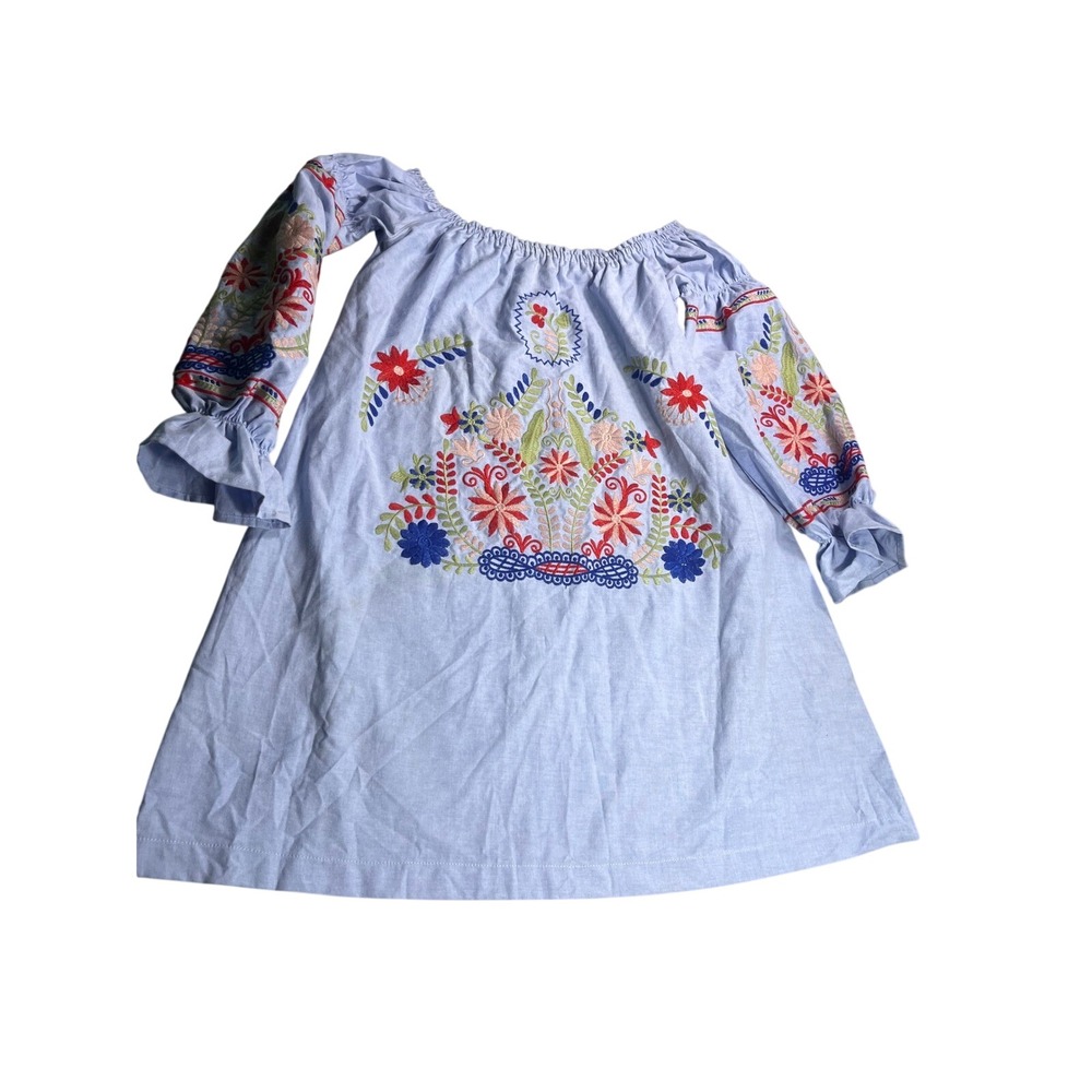 Ellison Womens S Blue Floral Embroidered Boho Tunic Top Puff Sleeve Peasant